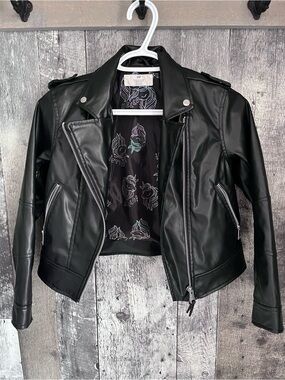 H&M Black Faux Leather Moto Jacket with Silver Zippers kids 9-10